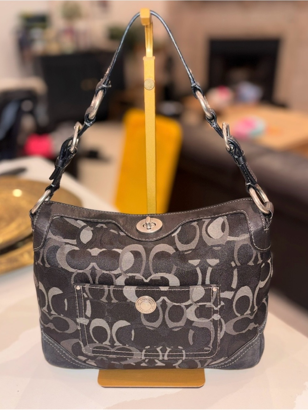 Coach Black and Gray Signature Jacquard Shoulder Bag